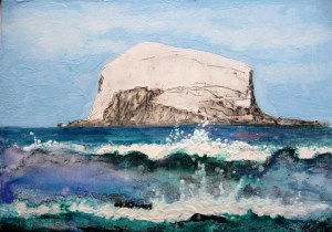 Bass Rock. Acrylic and ink on 7x5" wood