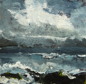 Stormy Sea. Acrylic, ink and salt on 5x5" wood