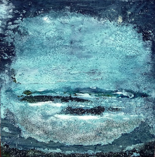 Eigg Series. No 8. Acrylic, ink, salt and sand on 5x5" wood