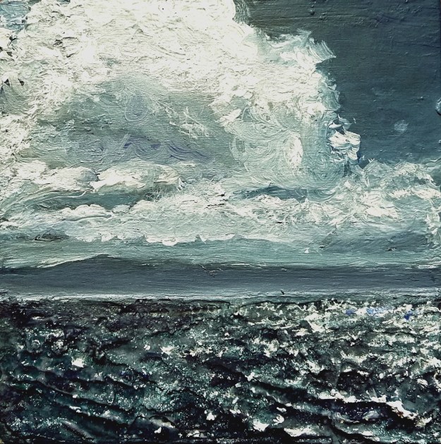 Eigg Series. No 3. Acrylic, ink and salt on 5x5 inch wood