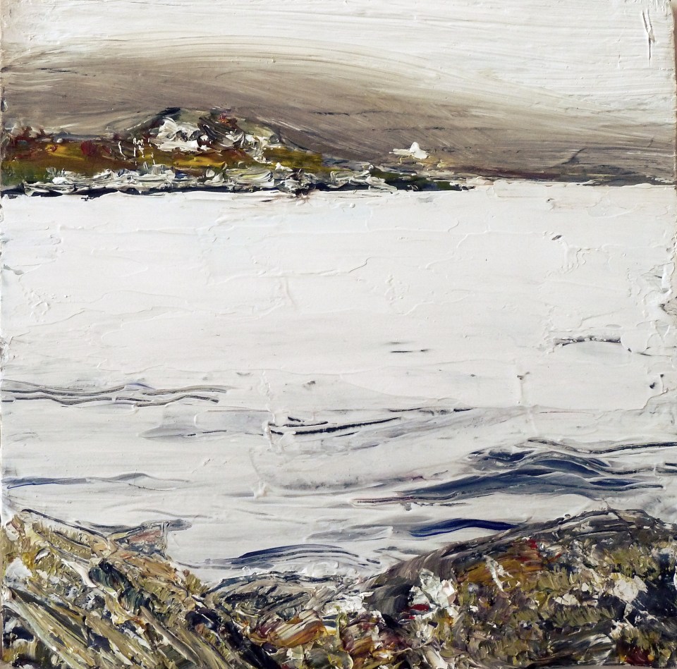 Sold. 'Harris (Sea Loch 1)' Mixed media on 10x10" wood. Rose Strang 2016