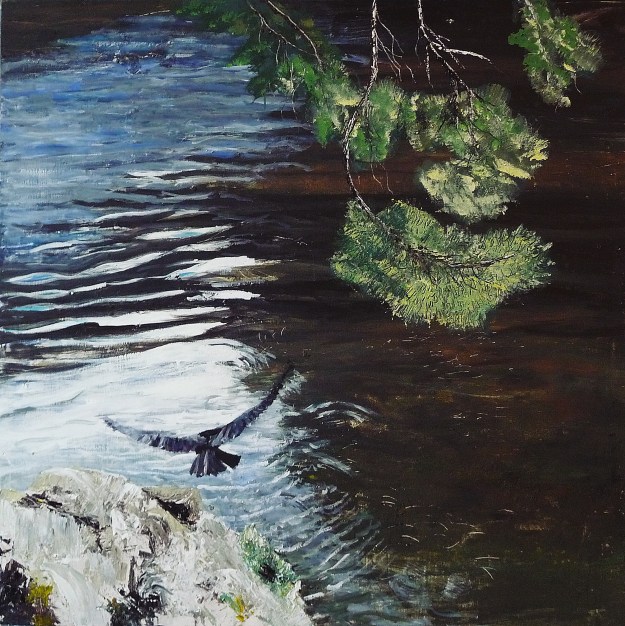 'Hawk, River Tweed 3'. Mixed media on 40x40" wood panel