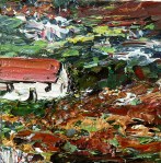 Sold. 'Harris (Red Roof 3)'. Mixed media on 5x5" wood. Rose Strang 2016