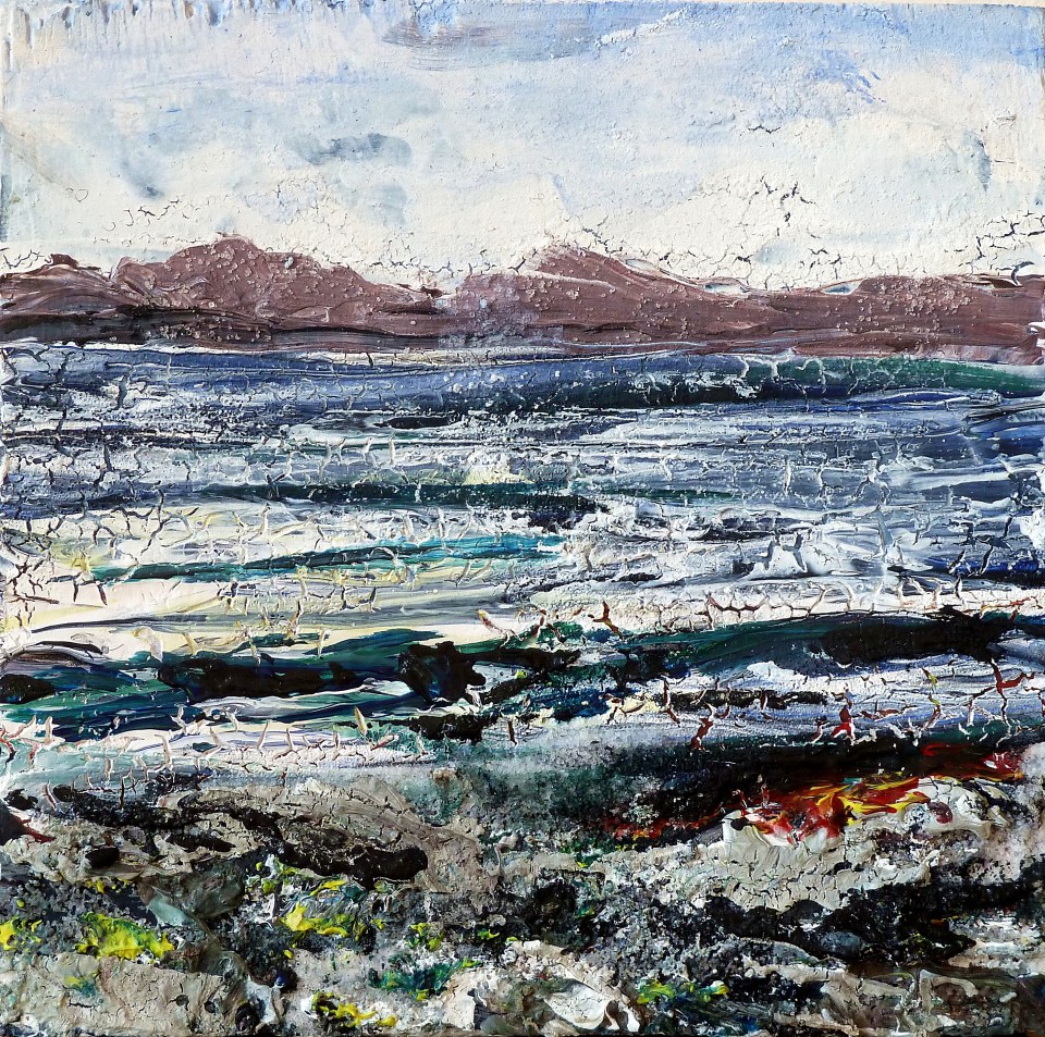 Sold. 'Harris (Shore)'. Mixed media on 5x5" wood. Rose Stranfg 2016