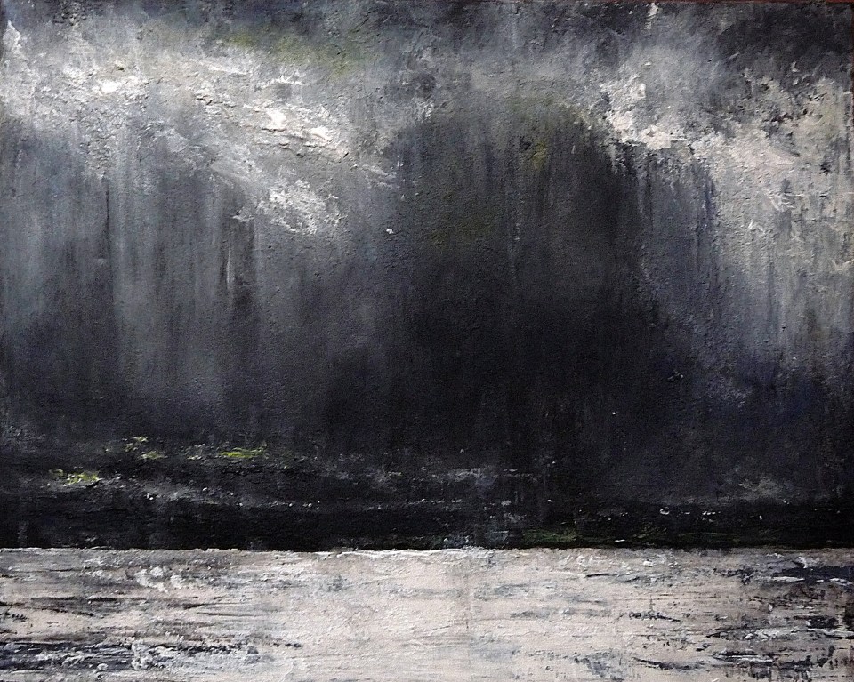 Sold. 'Stormy Sky, Lindisfarne'. Mixed media on 20x15" canvas. Rose Strang 2014