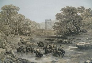 Engraving, showing Borders Reivers raid on Gilnockie Tower