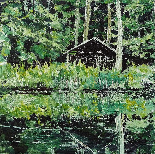 'Wood Cabin, (Leithen)'. Acrylic and varnish on 10x10" wood