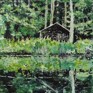 'Wood Cabin, (Leithen)'. Acrylic and varnish on 10x10" wood. Rose Strang 2014
