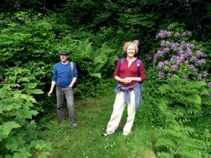 My sister Catherine and friend Donald, dad in the background, trespassing at Leithen