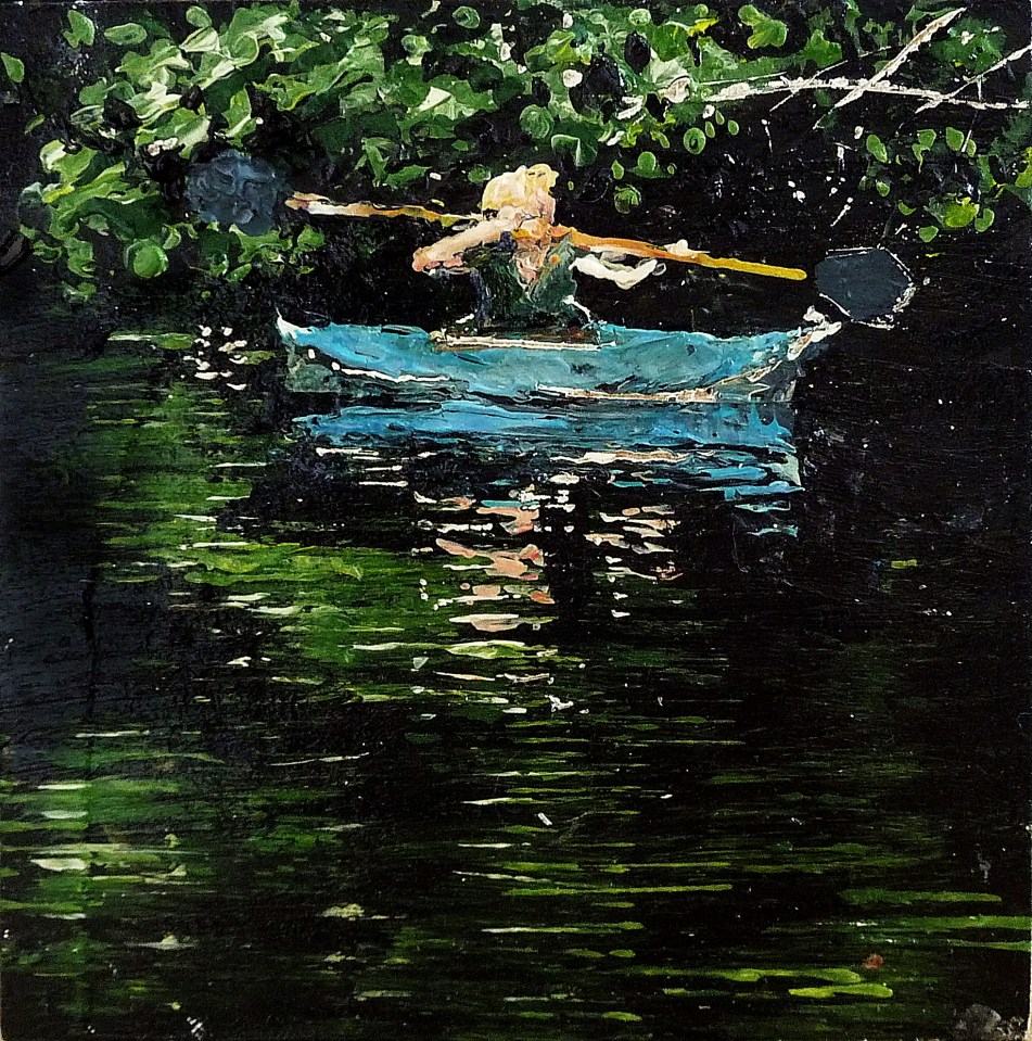 'Catherine in a Canoe, River Tweed'. Acrylic on 5x5" wood panel. Rose Strang 2014