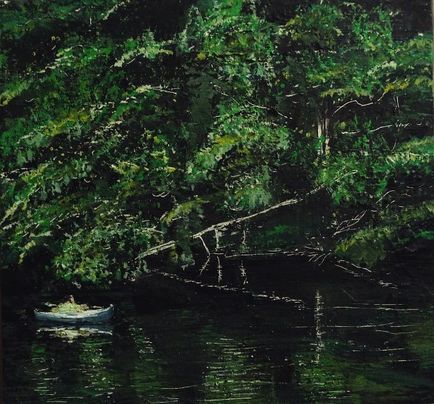 'Blue Canoe (River Tweed)'. Acrylic on 10x10" wood panel