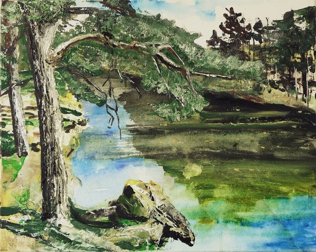 'Scots Pine and Overhanging Rock (River Tweed)'. Acrylic on 20x16" canvas