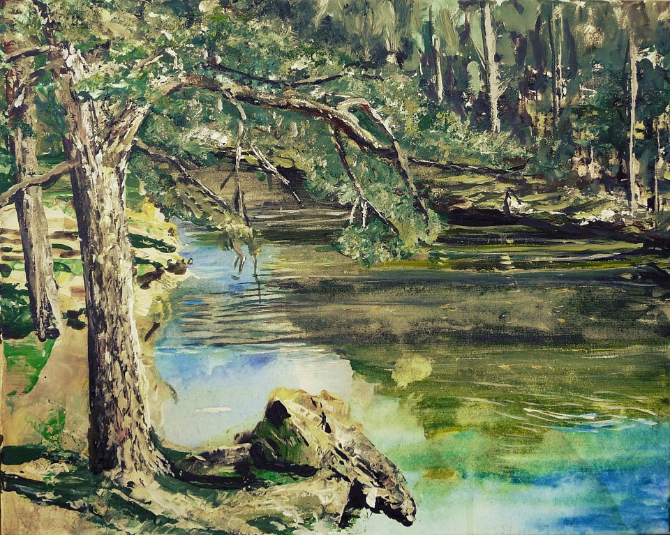 'Scots Pine and Overhanging Rock (River Tweed)'. Acrylic on 20x16" canvas. Rose Strang 2014