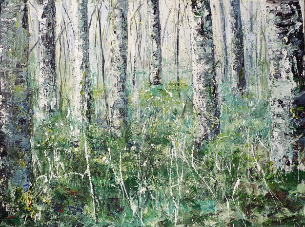'Birch Trees, Gladhope'. Mixed Media on 40x30" canvas