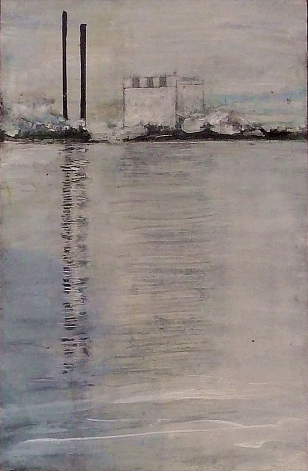'Cockenzie Power Station, 26th September 2016'. Mixed media on 17x11" wood panel