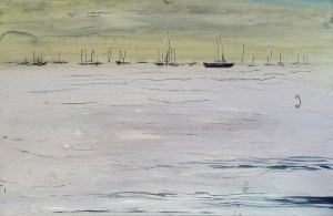 'Watchers (Cockenzie)'. Mixed media on 17x11" wood panel. Rose Strang 2015