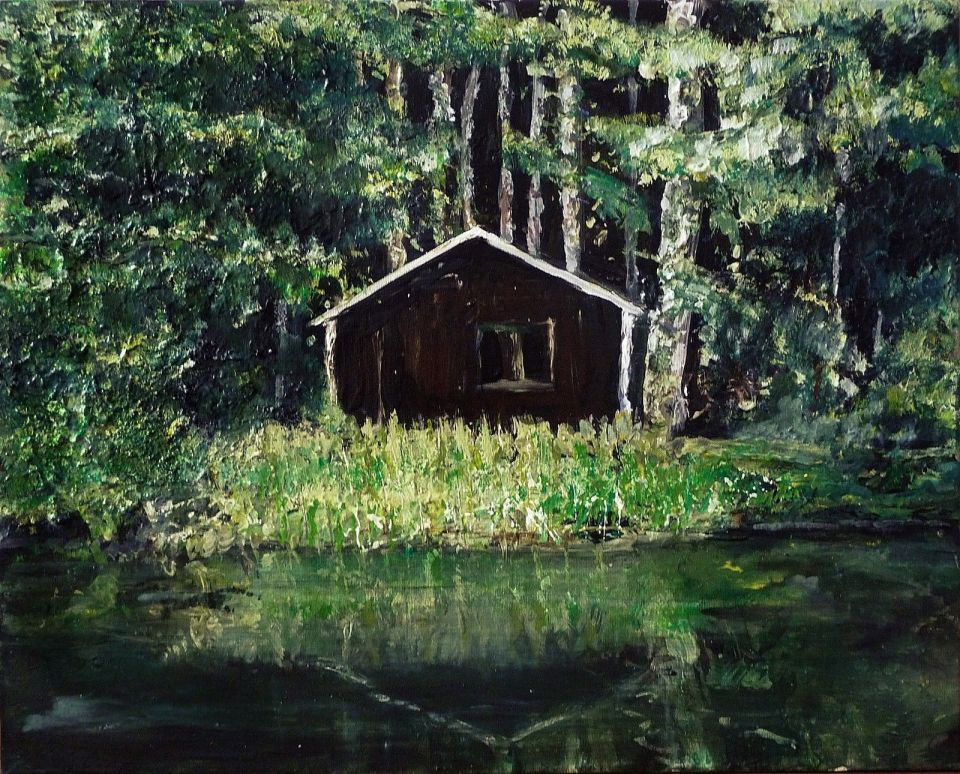 Sold. 'Wood Cabin (Leithen'. Mixed media on 20x16" canvas. Rose Strang 2014