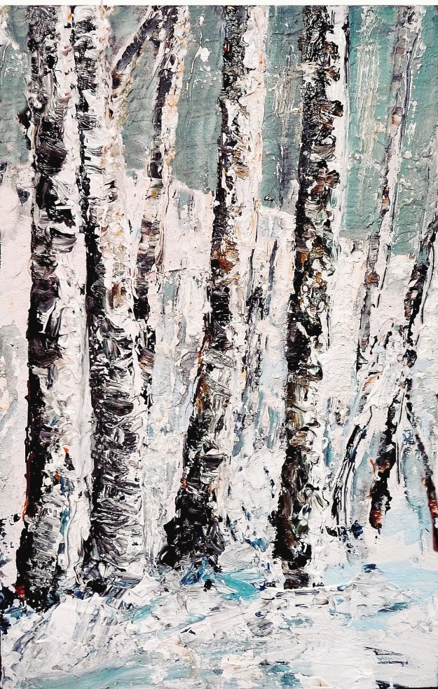 'Winter Birch Trees'. Mixed media on 17x11" wood