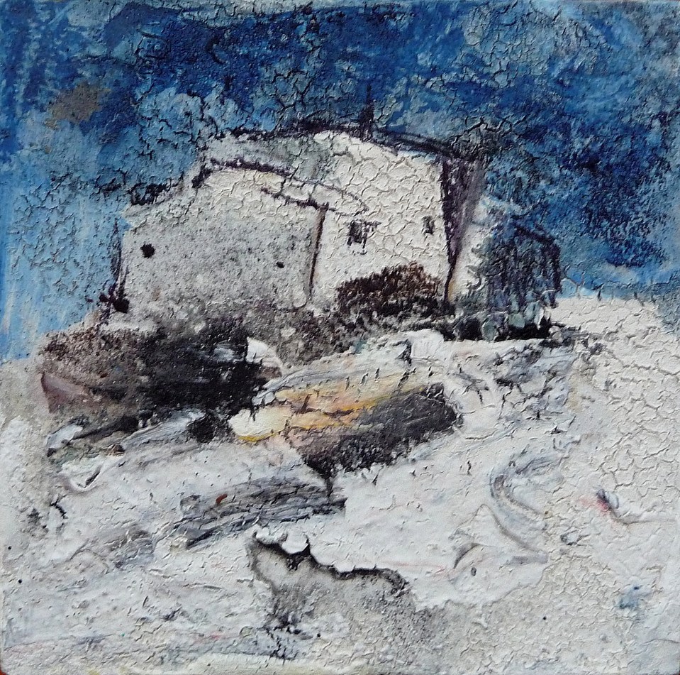 'Winter House'. Mixed media on 3.5x3.5" wood. Rose Strang 2015