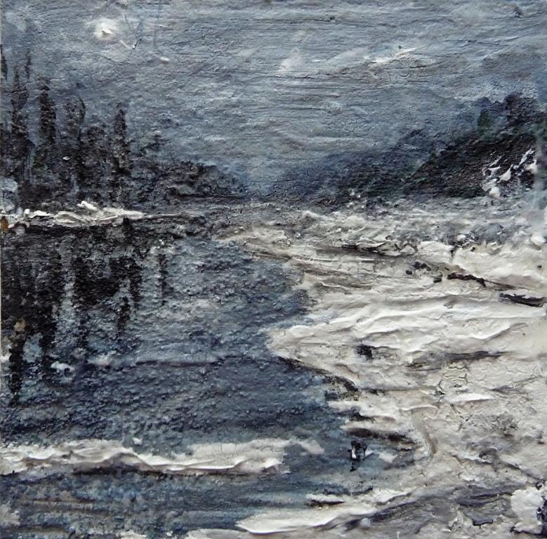 'River'. Mixed media on 3.5x3.5" wood panel. Rose Strang 2015