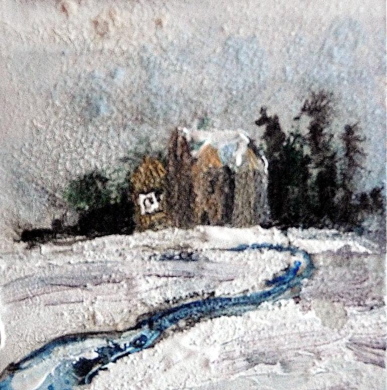 'Winter House 2'. Mixed media on 3x3" wood. Rose Strang 2015