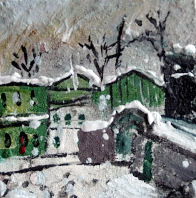 Green Houses. Snow. Mixed media on 3x3" wood. Rose Strang 2915