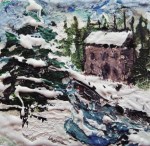 Pine Tree and House'. Mixed media on 3x3" wood. Rose Strang 2015