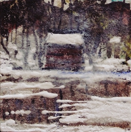 Lake. Mixed media on 3x3" wood. Rose Strang 2015