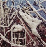 Rooftops 2. Mixed media on 3x3" wood