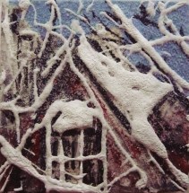 Rooftops 2. Mixed media on 3x3" wood