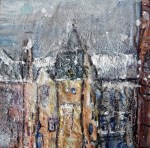 Quayside Mills, Leith (1). Mixed media on 3x3" wood. Rose Strang 2015