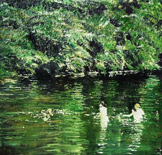 'Emma and Friends, River Tweed, 2009'. Mixed media on 11x11" wooden panel