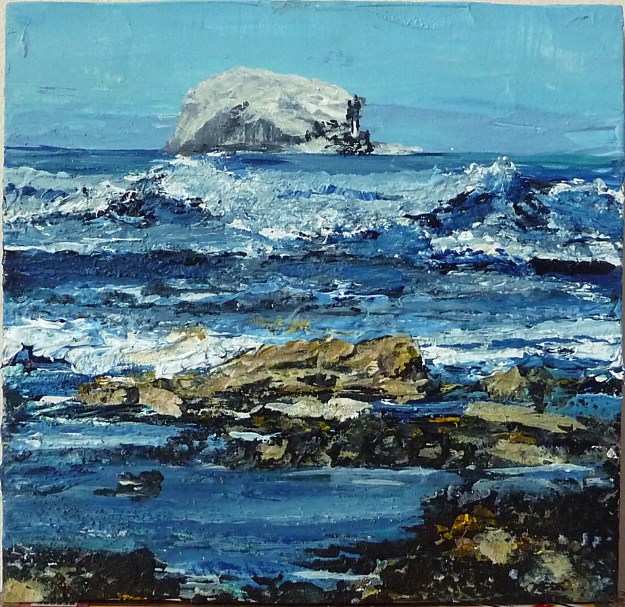 'Bass Rock and Waves. Acrylic on 8x8" wood panel