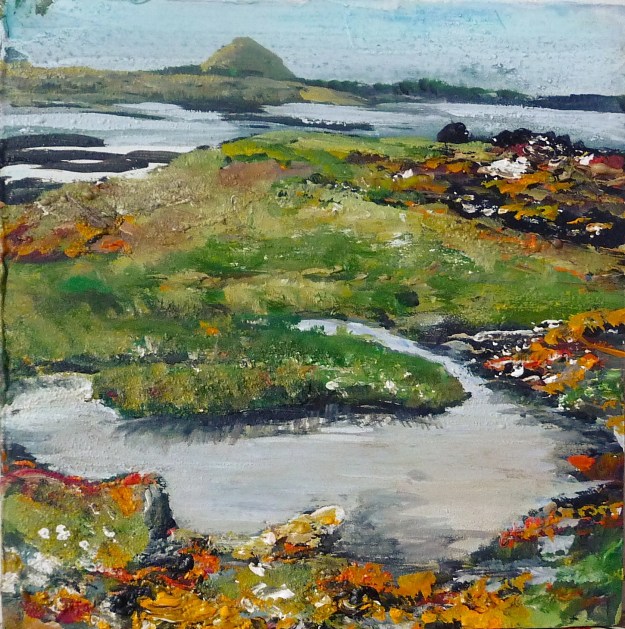 'Berwick Law from Daisy Island'. Acrylic on 8x8" wood panel