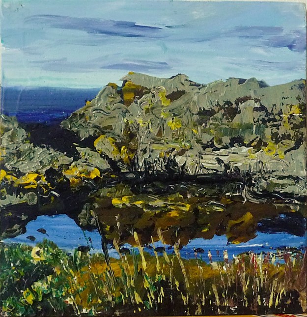 'Rockpool, Daisy Island (North Berwick)'. Mixed media on 8x8" wood panel