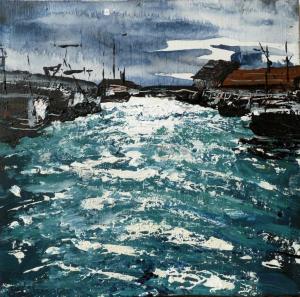 'Pittenweem Harbour 4'. Mixed media on 8x8" wood panel. Rose Strang