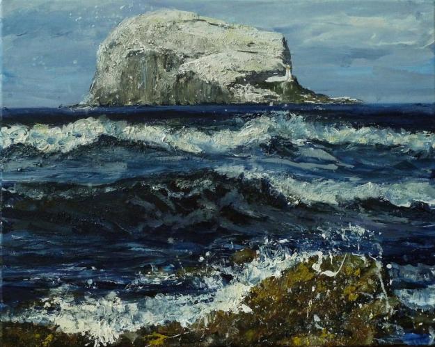 High Tide, Bass Rock. Mixed media on 20x16" canvas