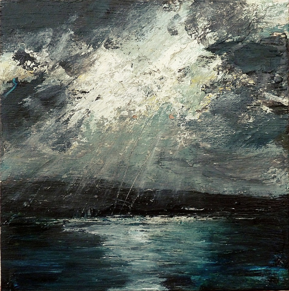 Sold. 'Leaving Ullapool 2'. Mixed media on 5x5" wood. Rose Strang 2016