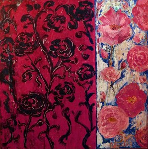 'Damascus Rose 1'. Mixed media on 36x36" wood panel. Rose Strang 2016