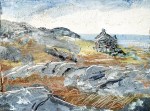 Sold. Croft at Geocrab Bay, Harris. Mixed media on 6.5×5″ wood block .£85. Rose Strang 2017