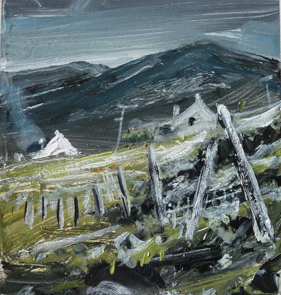 Sold. Houses at Scarasta, Harris. Mixed media on 5×5″ wood block. £75. Rose Strang 2017
