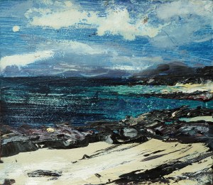 Traigh Luskentir. Mixed media on 4.6x4.2” wood block. Rose Strang 2017