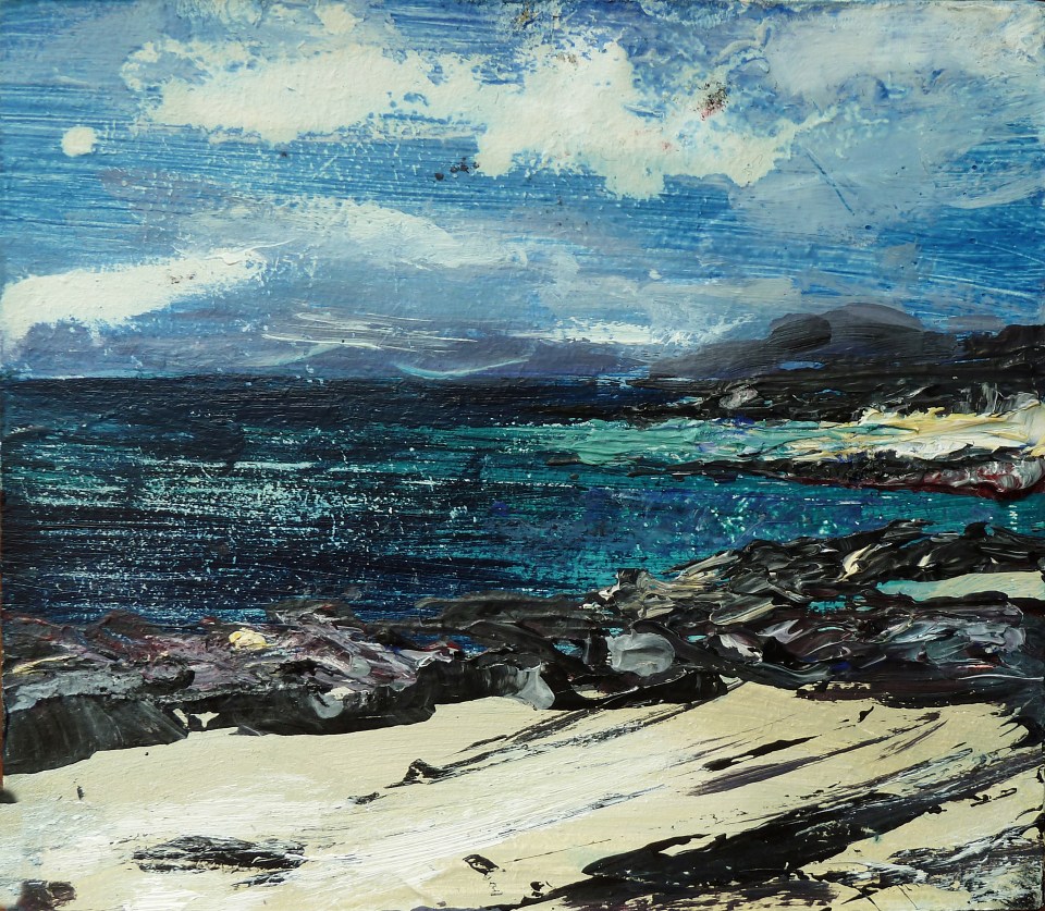 Sold. Traigh Luskentir. Mixed media on 4.6x4.2” wood block. Rose Strang 2017