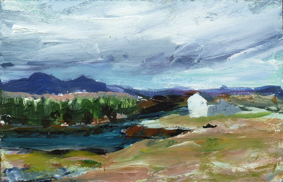 Sold. Loch Fhleoideabhaigh at Mannish, Harris. Mixed media on 6.5×5″ wood block £85. Rose Strang 2017