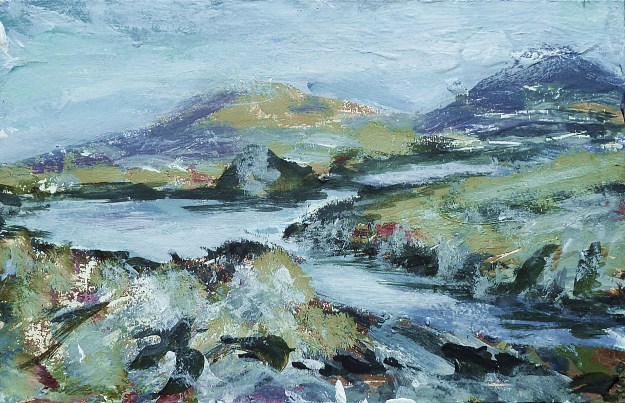 Loch near Beacravik, Harris. Mixed media on 6.5×5″ wood block £85. Rose Strang 2017