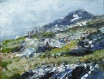 Hills near Beacravik, Harris. Mixed media on 6.5×5 wood block. £85. Rose Strang 2017