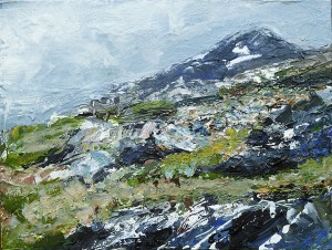 Hills near Beacravik, Harris. Mixed media on 6.5×5 wood block. £85. Rose Strang 2017