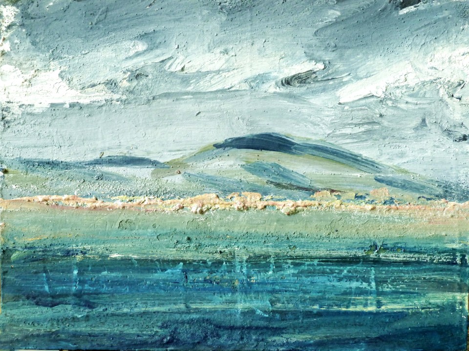 Sold. Traigh an Taoibh Thuath, Isle of Harris. Mixed media on 6.5×5 wood block £85. Rose Strang 2017