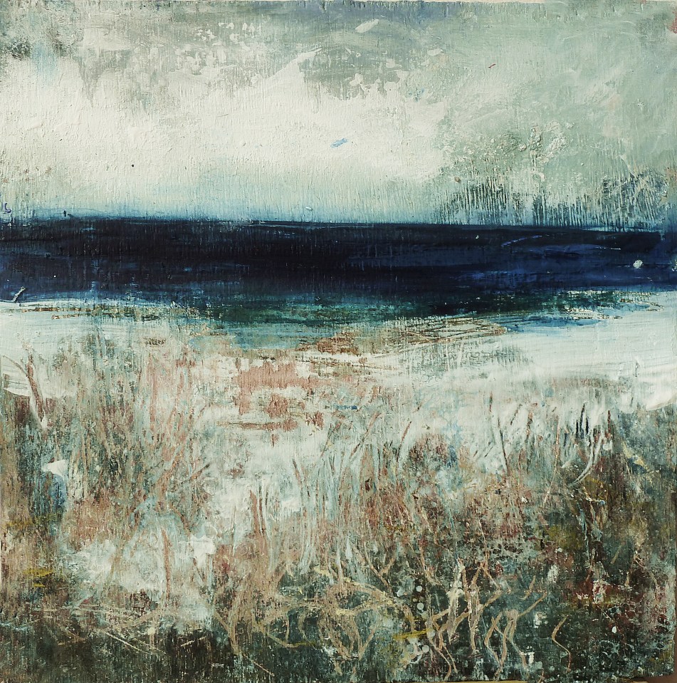 'Tràigh na Buirgh, Harris'. Mixed media on 9.5x9.5" wood panel. Rose Strang 2017