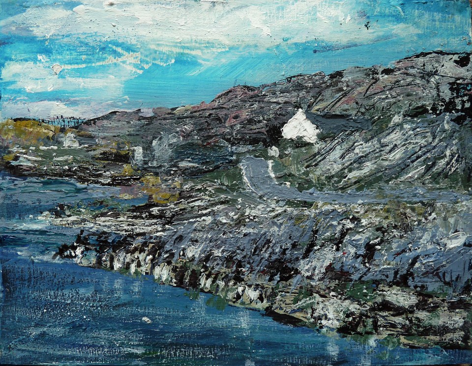 'Coast Road near Geocrab Bay, Harris'. Mixed media on 9.5x7.5" wood panel